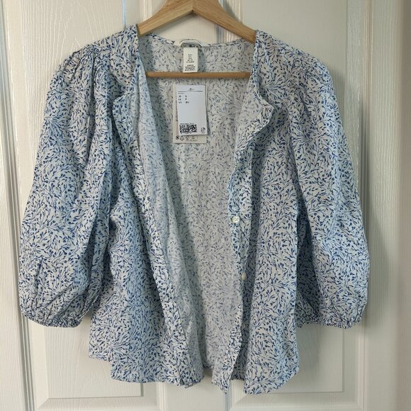 H&M Top Linen Button Down Shirt Blue Floral Blouse Spring Casual Everyday SZS - Picture 7 of 13